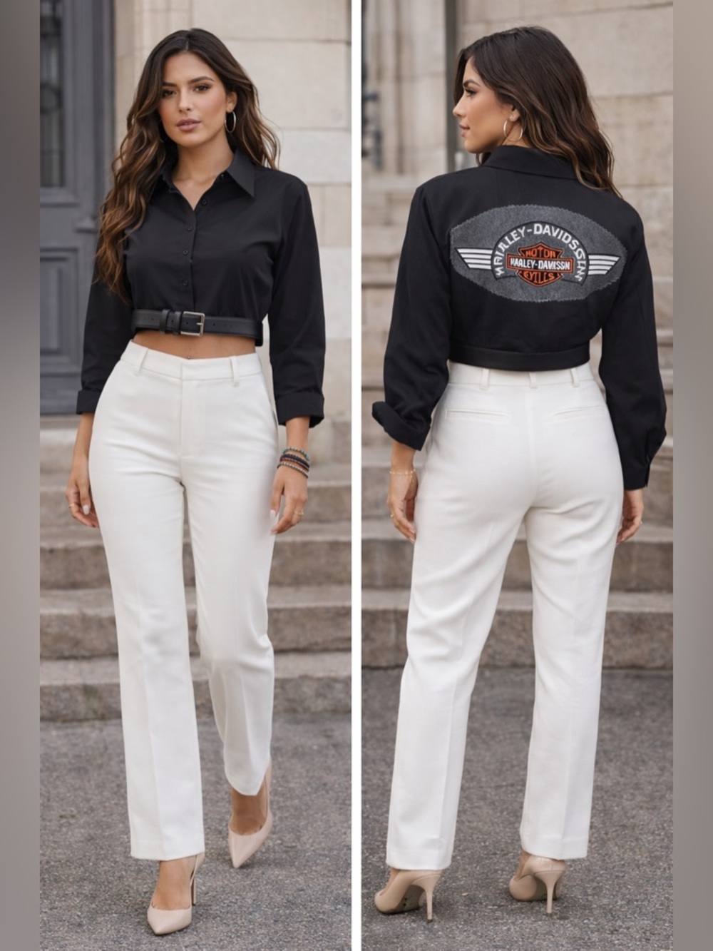 Upcycled Harley Davidson Cropped Button Down W/belt.